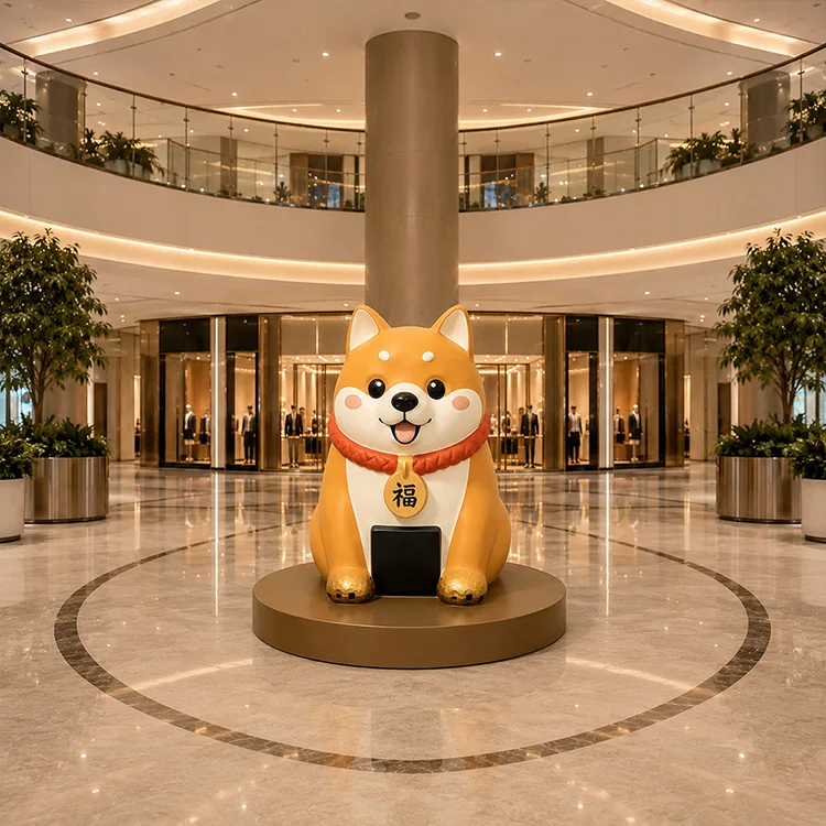 Escultura de cachorro da sorte em fibra de vidro