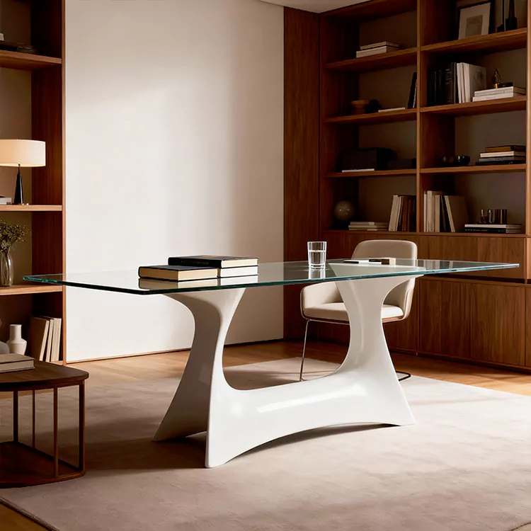 Conjunto de jantar FRP com base escultural e tampo de vidro