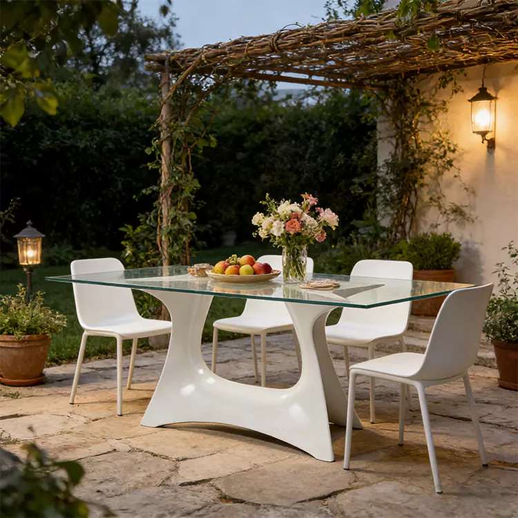FRP Dining Set with Sculptural Base and Glass Top
